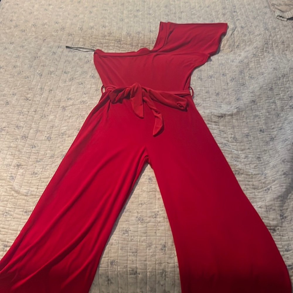 Red one piece off the shoulder jumpsuit